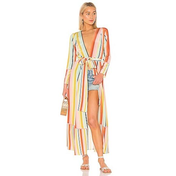 We Are Leone Contrast Maxi Cardigan 100% Silk Dress in Desert Stripe Size S/M - Picture 1 of 10